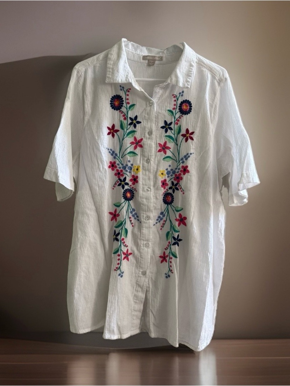 Woman Within Shirt Womens 18/20 L White Floral Embroidered Cotton Tunic Top